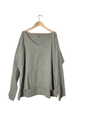 Flax 100% Linen Long Sleeve V Neck Top L Beige Cream Popover Lagenlook Oversized